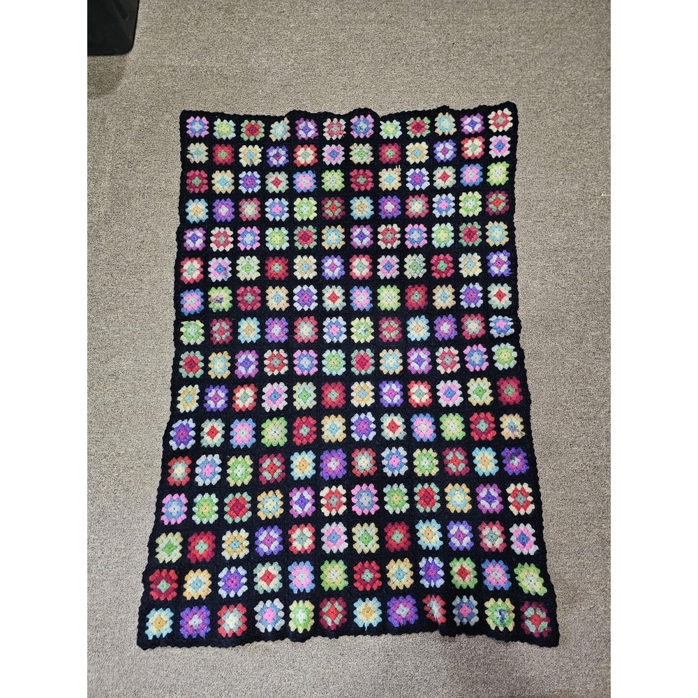 Handmade Crochet Granny Square Throw Blanket Non-Standard Multicolor Vintage